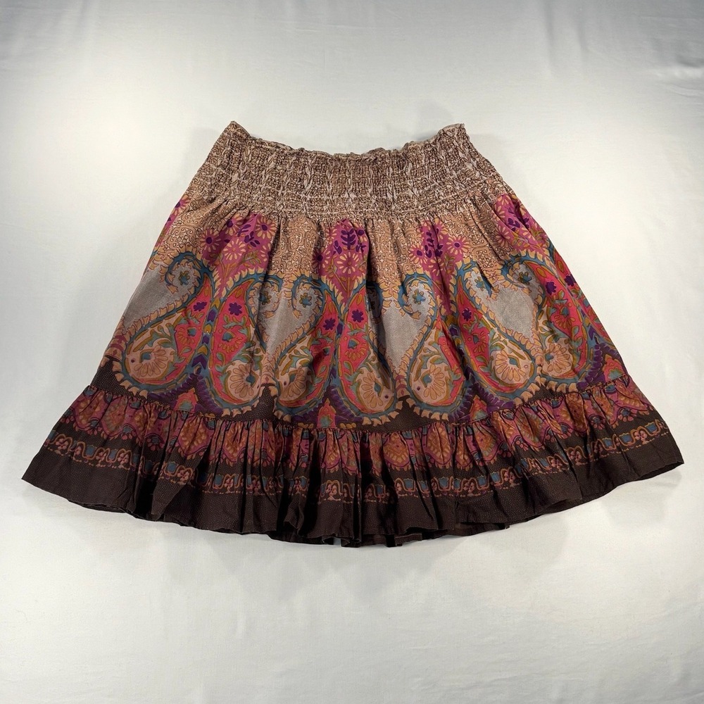 Derek Heart Paisley Mini Skirt Brown Pink Smocked Waist Ruffle Hem Cotton M